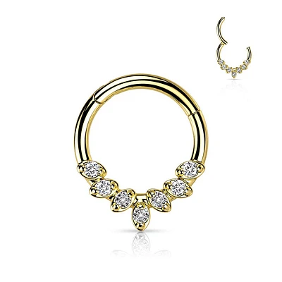 316L Surgical Steel Gold PVD White CZ Gem Vine Leaf Dainty Septum Ring Hinged Clicker Hoop