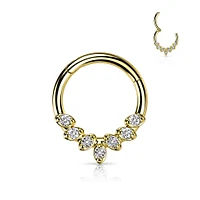 316L Surgical Steel Gold PVD White CZ Gem Vine Leaf Dainty Septum Ring Hinged Clicker Hoop