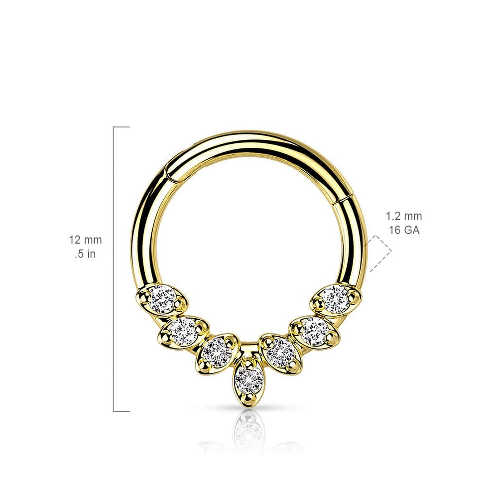 316L Surgical Steel Gold PVD White CZ Gem Vine Leaf Dainty Septum Ring Hinged Clicker Hoop