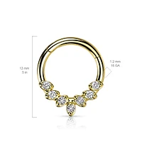 316L Surgical Steel Gold PVD White CZ Gem Vine Leaf Dainty Septum Ring Hinged Clicker Hoop