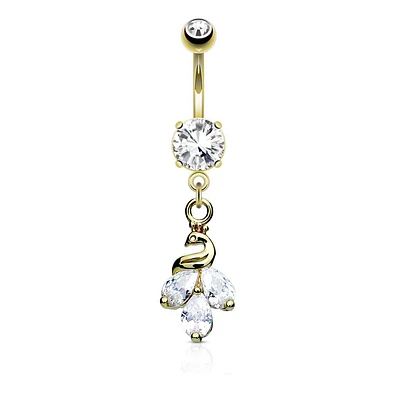 316L Surgical Steel Gold PVD White CZ Peacock Dangle Belly Ring