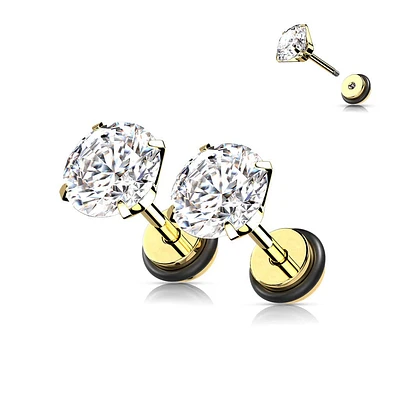 316L Surgical Steel Gold PVD White CZ Round Clawed Fake Plug Earrings