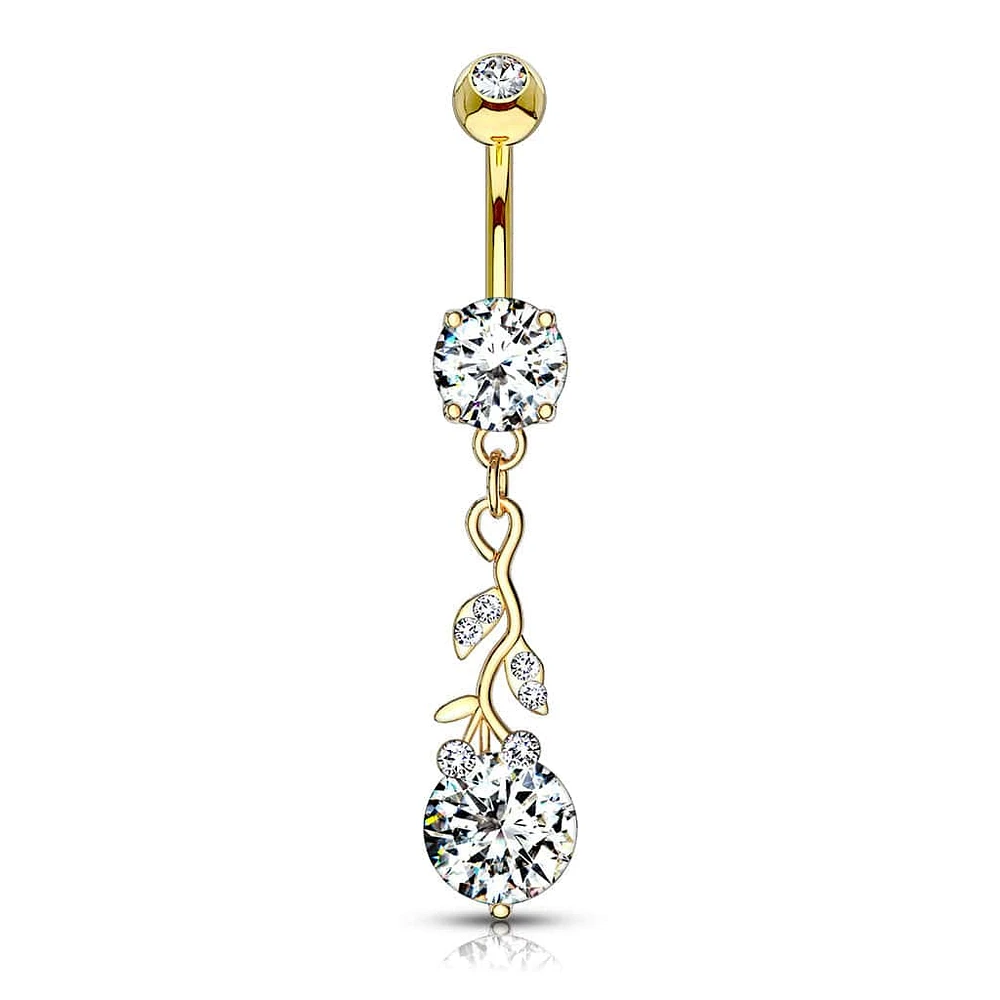 316L Surgical Steel Gold PVD White CZ Vine Dangle Belly Ring