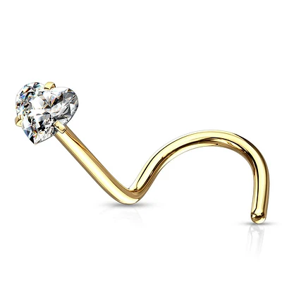 316L Surgical Steel Gold PVD White Heart CZ Corkscrew Nose Pin Ring
