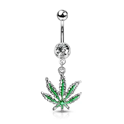 316L Surgical Steel Green PVD Weed Leaf Dangle Belly Ring