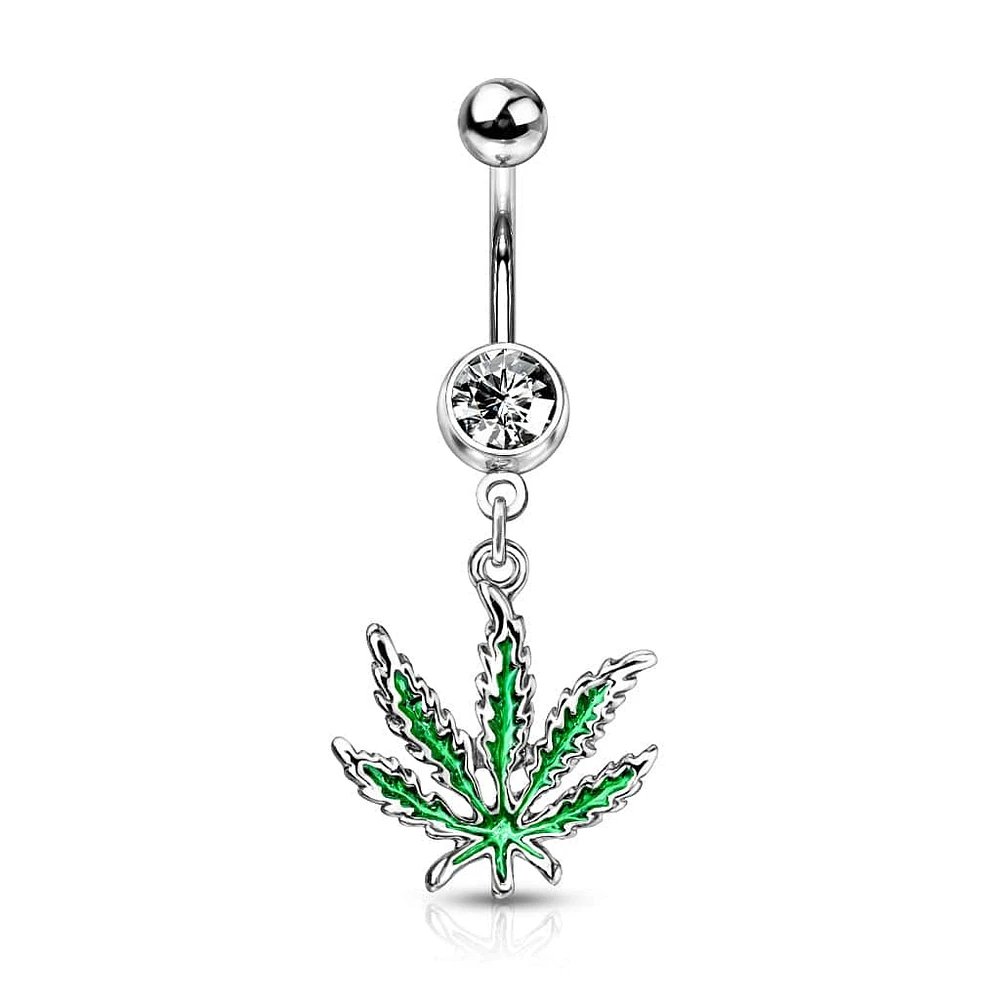 316L Surgical Steel Green PVD Weed Leaf Dangle Belly Ring