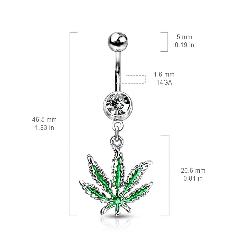 316L Surgical Steel Green PVD Weed Leaf Dangle Belly Ring