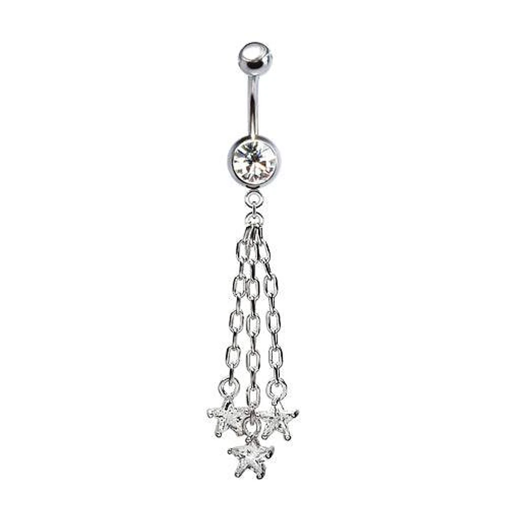 316L Surgical Steel Hanging Chain Triple Star CZ Dangle Belly Ring