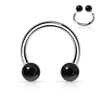 316L Surgical Steel Horseshoe With Internally Threaded Black Agate Ball Ends