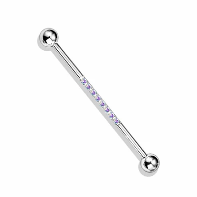 316L Surgical Steel Industrial Straight Barbell With Dainty Aurora Borealis CZ Gems