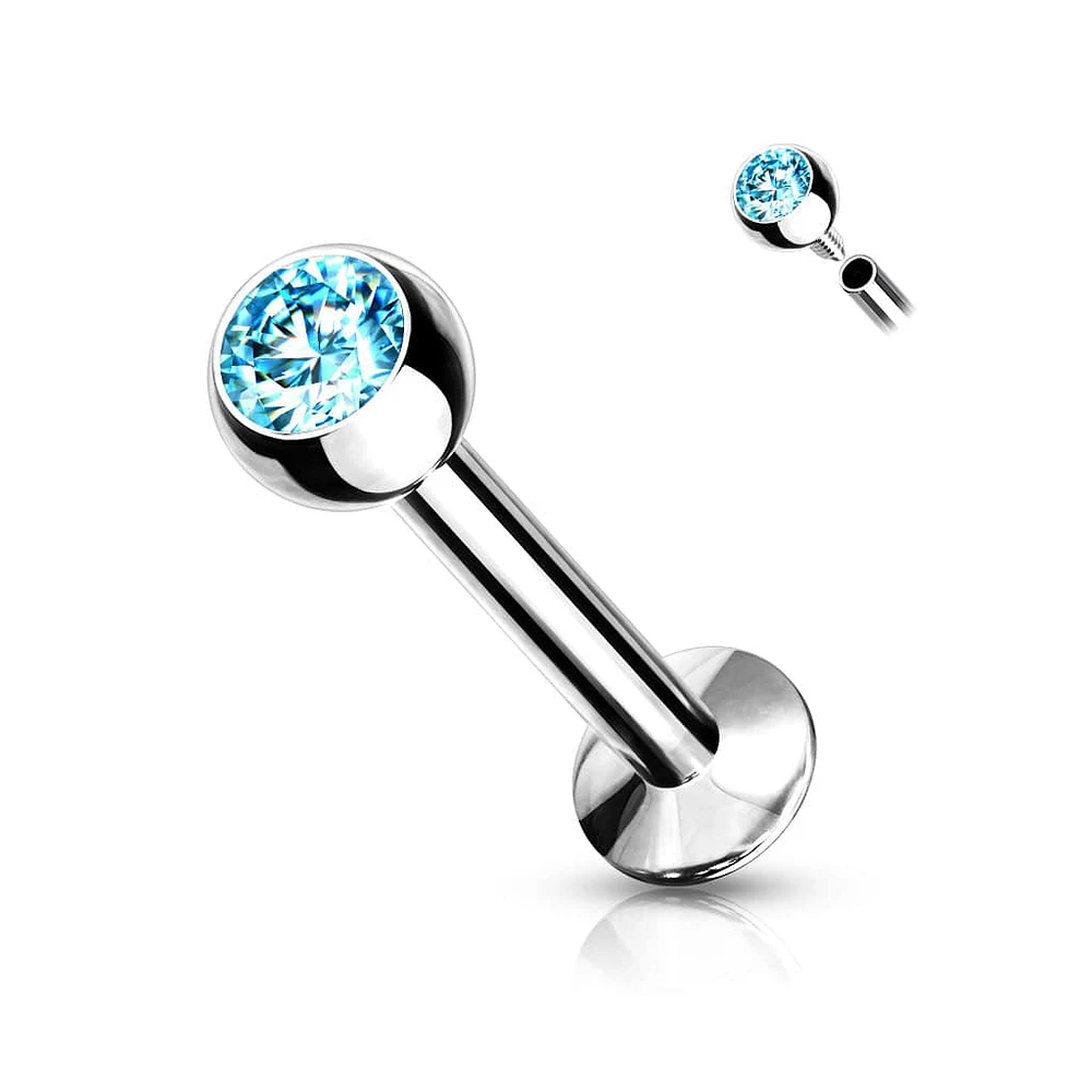 316L Surgical Steel Internally Threaded Aqua CZ Labret Flat Back