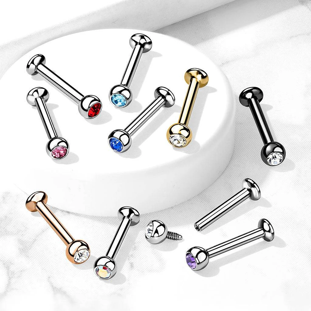 316L Surgical Steel Internally Threaded Aqua CZ Labret Flat Back