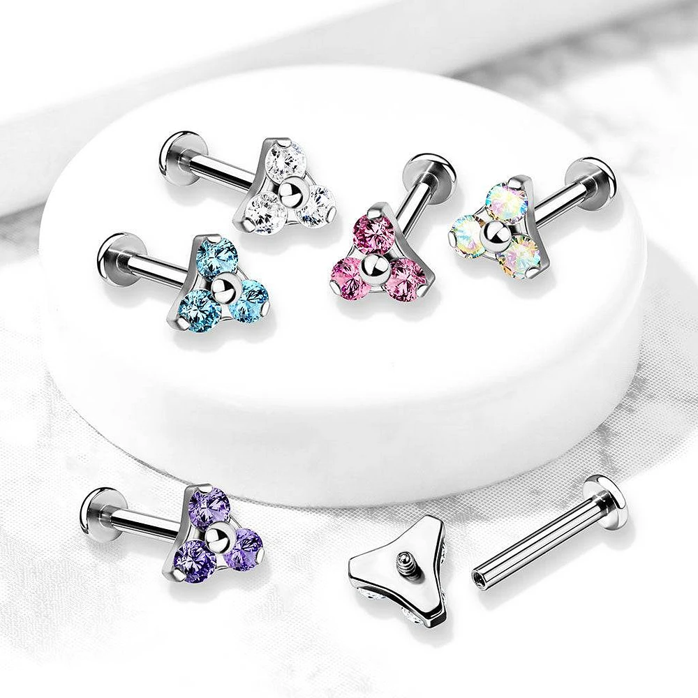 316L Surgical Steel Internally Threaded Aqua Triangle CZ Labret