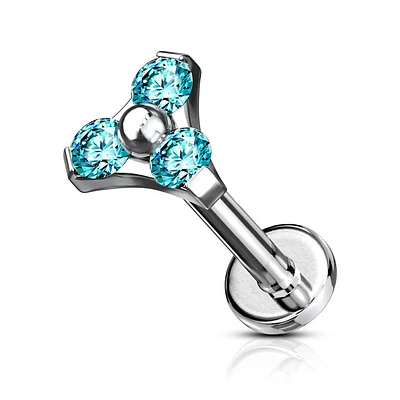 316L Surgical Steel Internally Threaded Aqua Triangle CZ Labret