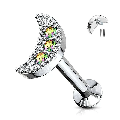 316L Surgical Steel Internally Threaded Aurora Borealis CZ Moon Crescent Labret