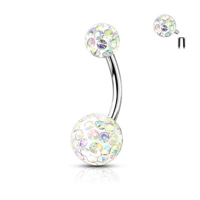 316L Surgical Steel Internally Threaded Aurora Borealis Shamballa Coated CZ Belly Ring