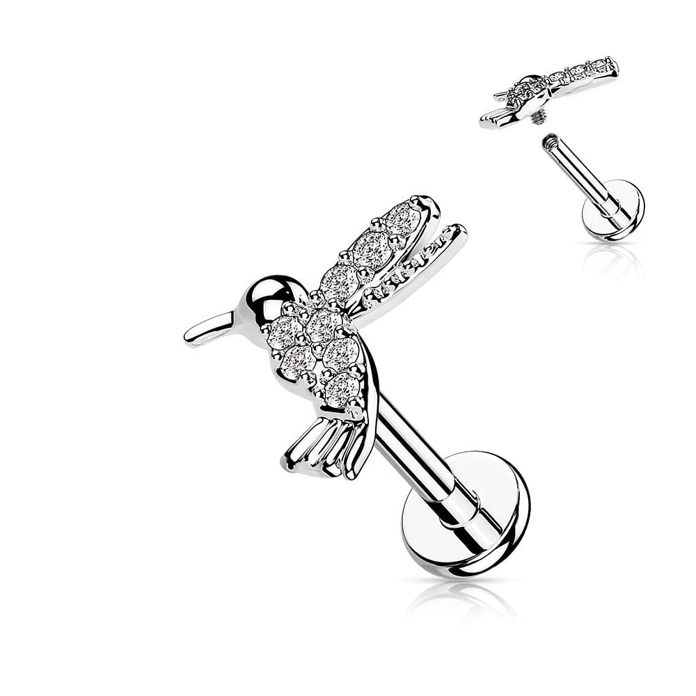 316L Surgical Steel Internally Threaded Dainty White CZ Hummingbird Labret Stud