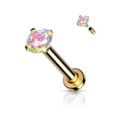 316L Surgical Steel Internally Threaded Gold PVD Flat Back Labret Aurora Borealis CZ Gem