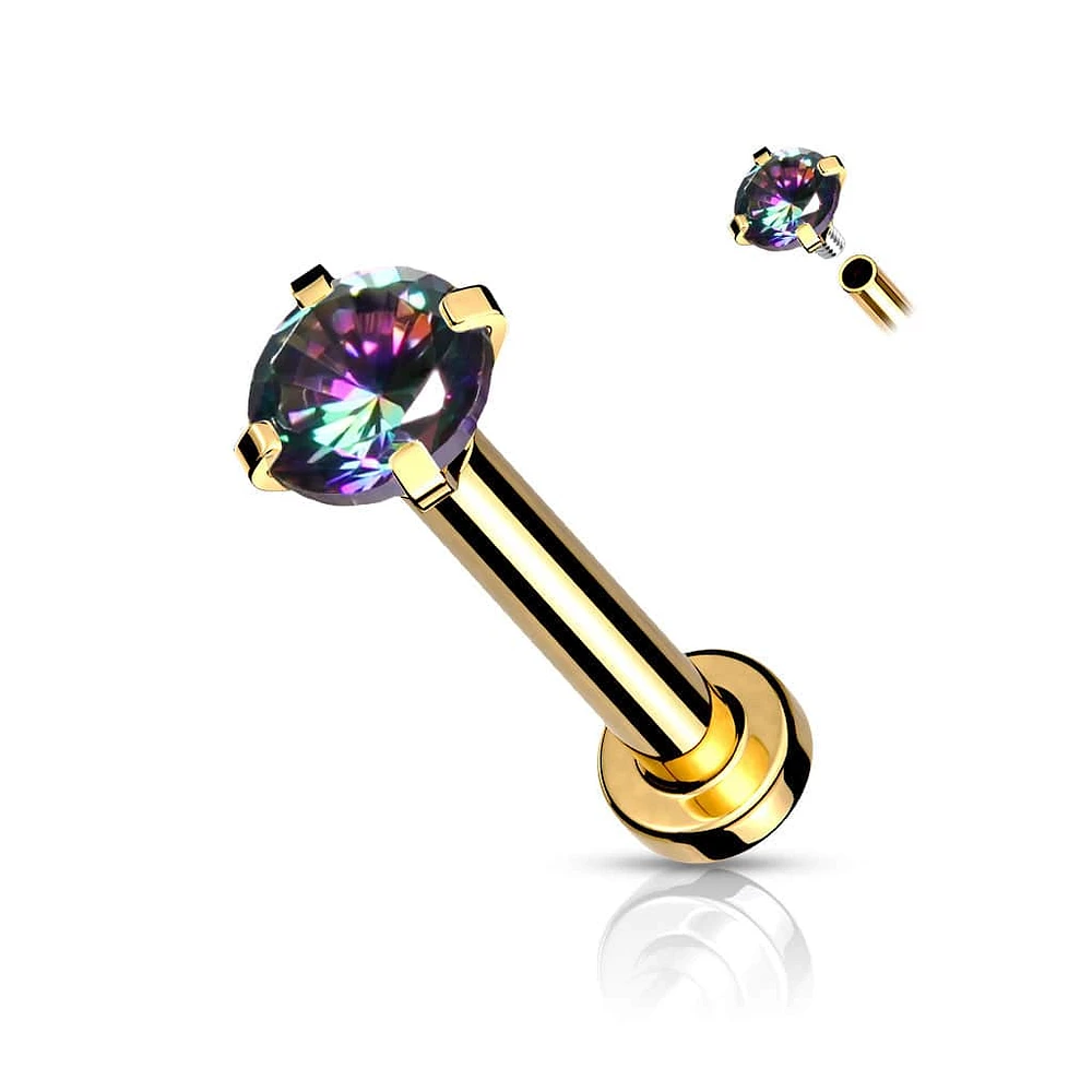 316L Surgical Steel Internally Threaded Gold PVD Flat Back Labret Vitrail Medium CZ Gem