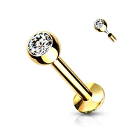 316L Surgical Steel Internally Threaded Gold PVD White CZ Labret Flat Back