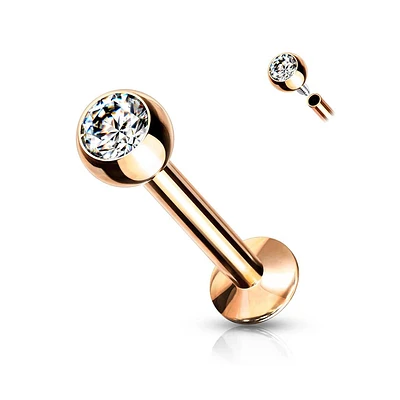 316L Surgical Steel Internally Threaded Rose Gold PVD White CZ Labret Flat Back