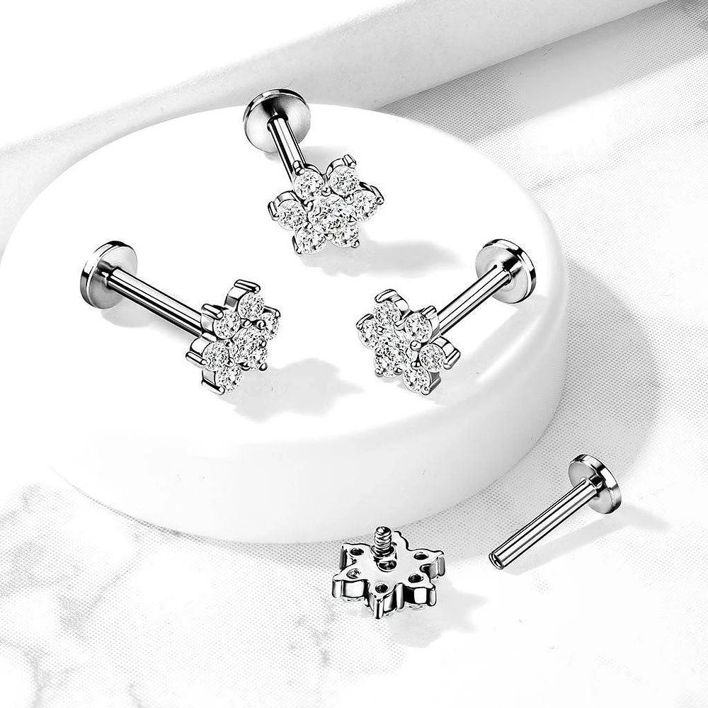 316L Surgical Steel Internally Threaded White CZ Flower Flat Back