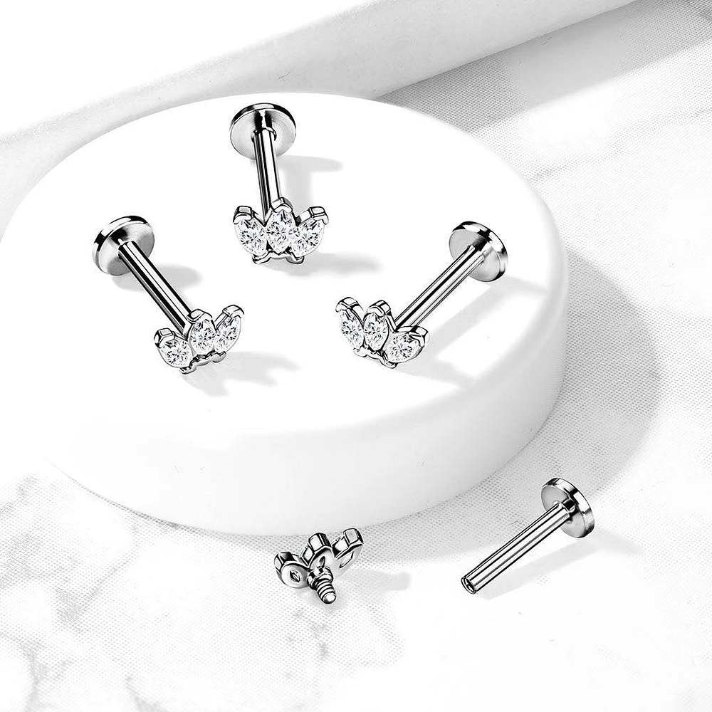 316L Surgical Steel Internally Threaded White CZ Marquise Flat Back Labret