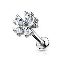 316L Surgical Steel Internally Threaded White Flower CZ Flat Back Labret