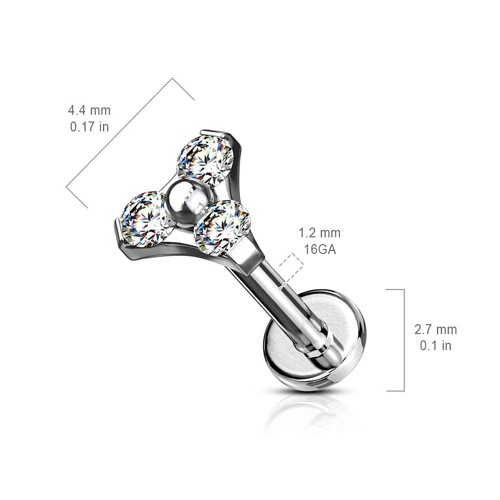 316L Surgical Steel Internally Threaded White Triangle CZ Labret
