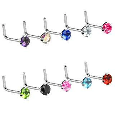 316L Surgical Steel L Shape 2mm Circle Prong Set CZ Gem Nose Ring Stud