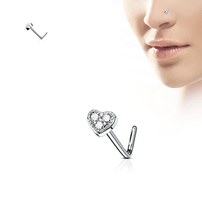 316L Surgical Steel L Shape 3 Gem White Heart Nose Stud