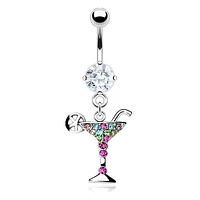 316L Surgical Steel Multi Colour CZ Gem Martini Glass Dangle Belly Ring