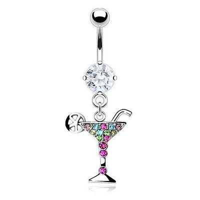 316L Surgical Steel Multi Colour CZ Gem Martini Glass Dangle Belly Ring