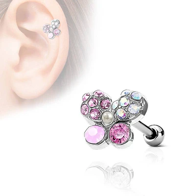 316L Surgical Steel Multi Crystal Butterfly Ear Cartilage Barbell