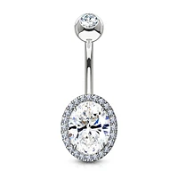 316L Surgical Steel Oval Pave White CZ Belly Ring