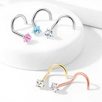 316L Surgical Steel Pink CZ Star Corkscrew Nose Ring Stud