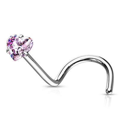 316L Surgical Steel Heart CZ Corkscrew Nose Pin Ring