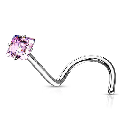 316L Surgical Steel Square CZ Gem Corkscrew Nose Ring Stud