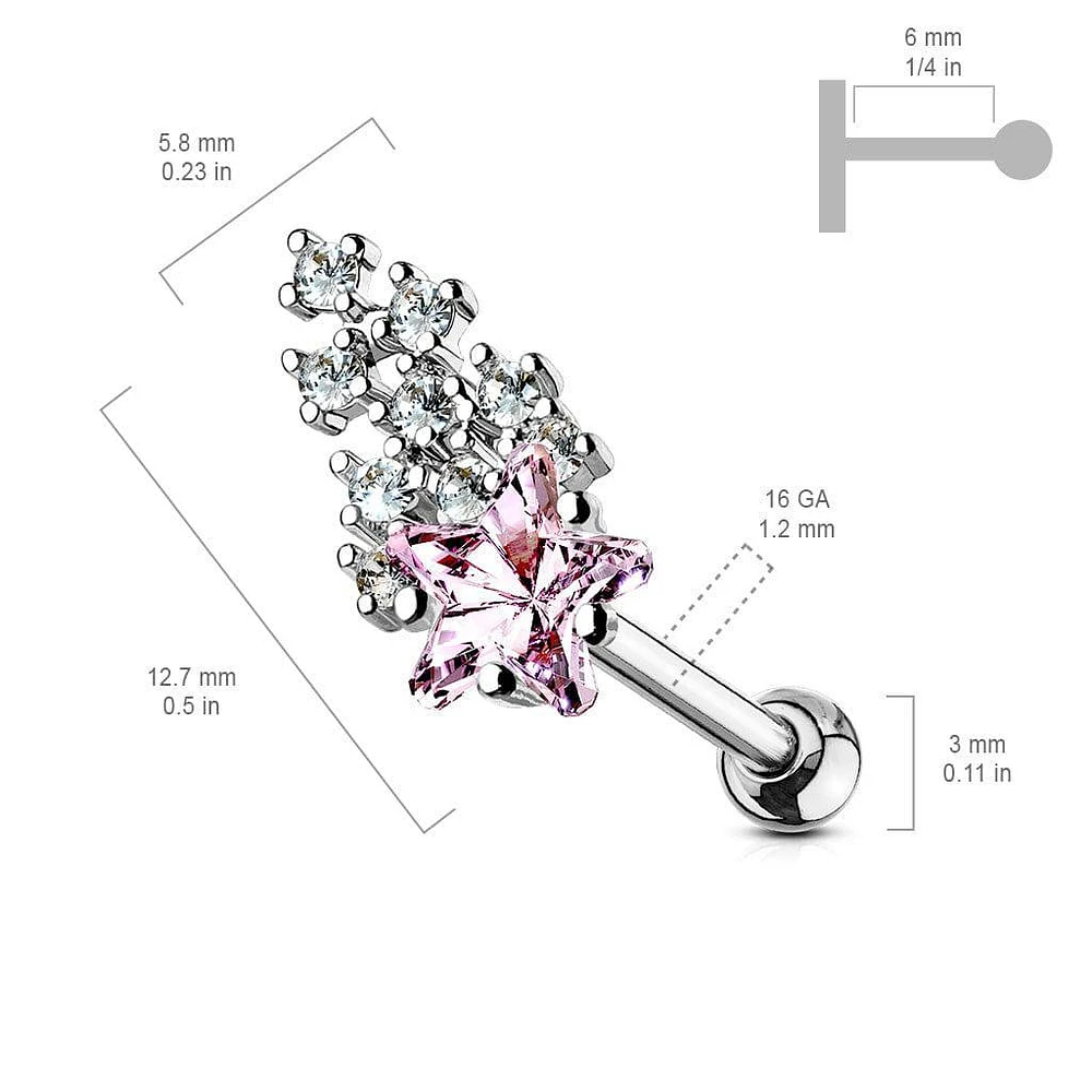 316L Surgical Steel Pink & White Shooting Star Ball Back Cartilage Ring