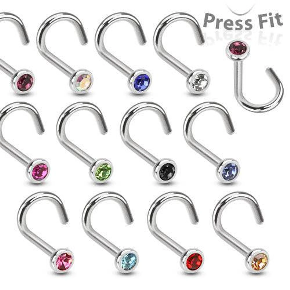 316L Surgical Steel Press Fit CZ Gem Nose Screw Stud