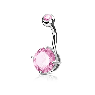 316L Surgical Steel Prong Pink CZ Classic Belly Button Ring