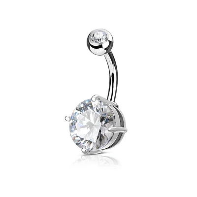 316L Surgical Steel Prong White CZ Classic Belly Button Ring