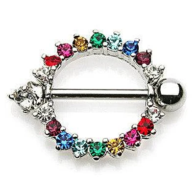 316L Surgical Steel Rainbow Gay Pride Multi Gem Nipple Shield Barbell