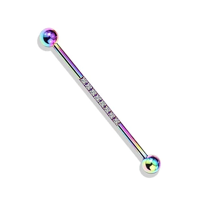 316L Surgical Steel Rainbow PVD Industrial Straight Barbell With Dainty White CZ Gems