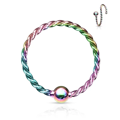 316L Surgical Steel Rainbow PVD Twisted Rope Nose Hoop Ring with Fixed Ball