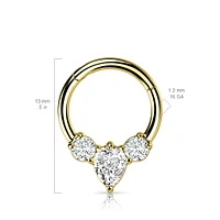 316L Surgical Steel Rose Gold PVD 3 White CZ Gem Teardrop Dainty Septum Ring Hinged Clicker Hoop
