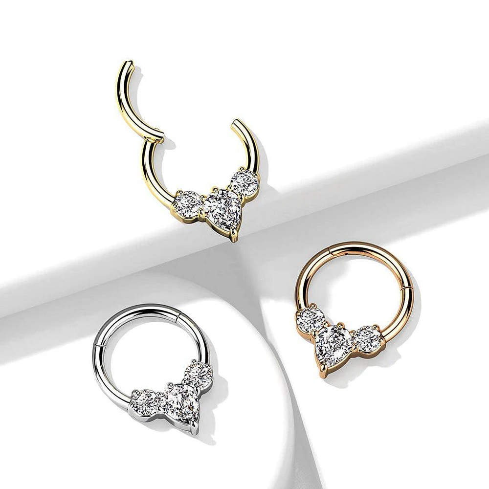 316L Surgical Steel Rose Gold PVD 3 White CZ Gem Teardrop Dainty Septum Ring Hinged Clicker Hoop