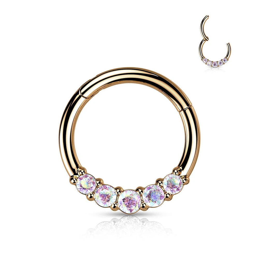 316L Surgical Steel Rose Gold PVD 5 AB CZ Gem Dainty Septum Ring Hinged Clicker Hoop