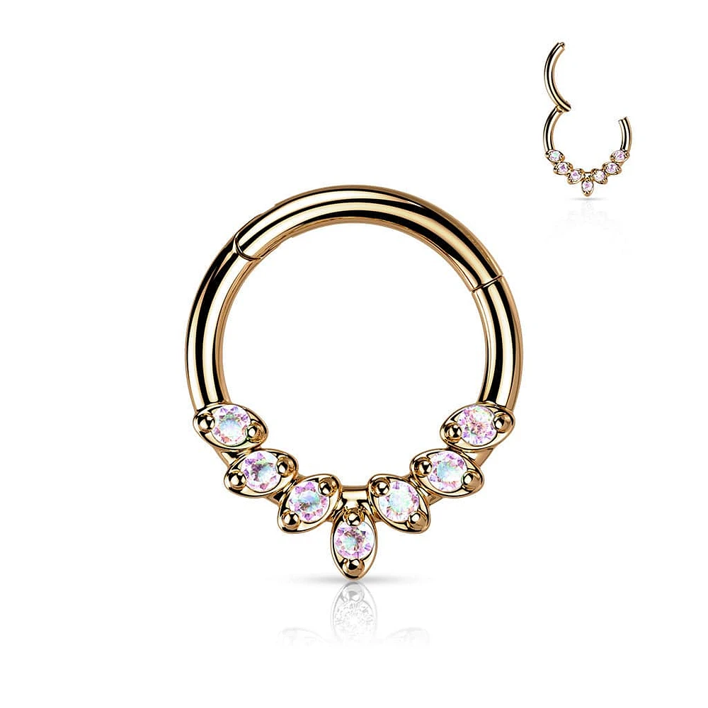 316L Surgical Steel Rose Gold PVD AB CZ Gem Vine Leaf Dainty Septum Ring Hinged Clicker Hoop