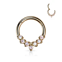 316L Surgical Steel Rose Gold PVD AB CZ Gem Vine Leaf Dainty Septum Ring Hinged Clicker Hoop